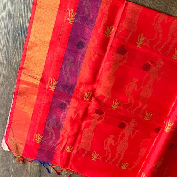 Butter yellow Red Cotton Silk Saree with Tribal Motif diwali pastel haldi - Picture 11 of 17